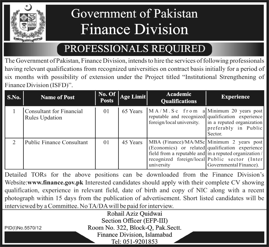 Financial Consultants Jobs 2013 in Finance Division Islamabad Latest